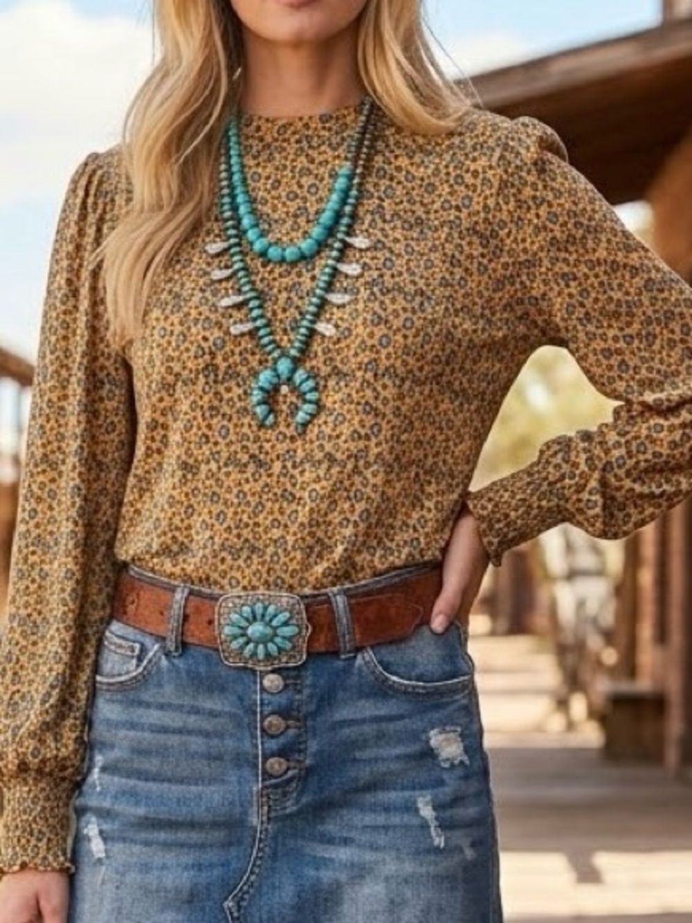 NEW Mustard Leopard Heart-Pattern Mock Neck Top with Smocked Cuffs